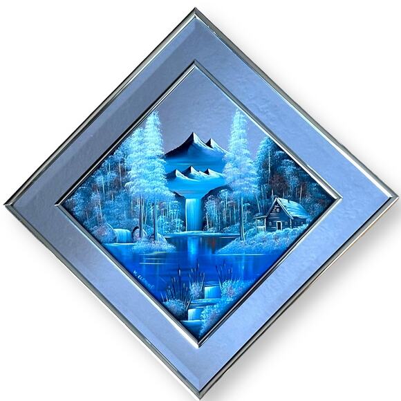 Rare "Winter Scene Lake Cabin" Original Painted on Mirror-Clemons-Pastels - Picture 1 of 16